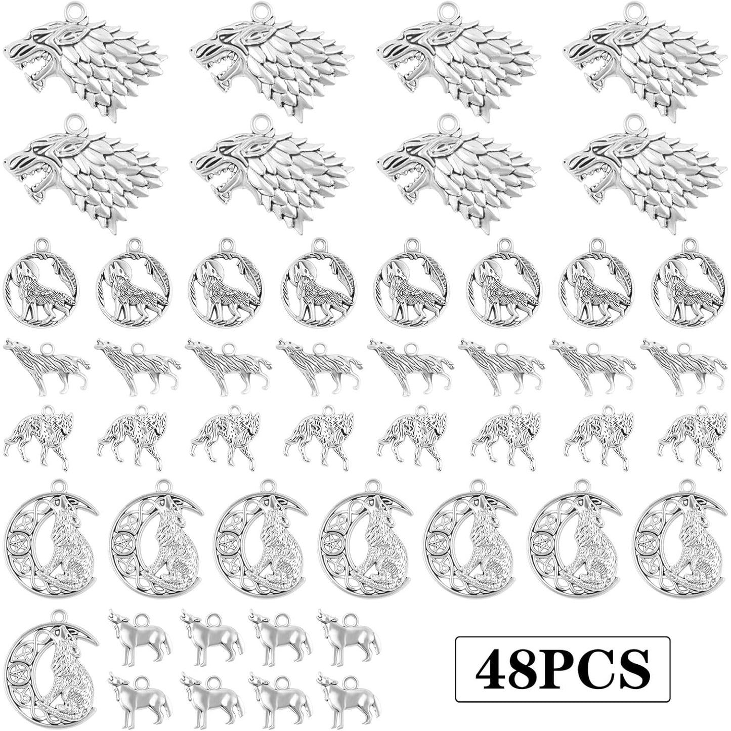 48 Pieces Vintage Alloy Mixed Wolf Shape Charms Tibetan Silver Animal Wolf Head Dangle Pendants for DIY Handmade Projects Jewelry Making Supplies, 6 Styles