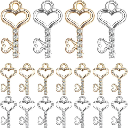 30pcs Heart Key Pendant Charms Mini Metal Heart Shape Key Pendants with Rhinestone Handmade Accessories for Bracelet Keychains Jewelry Making Valentine's Day Gifts, 2 Colors