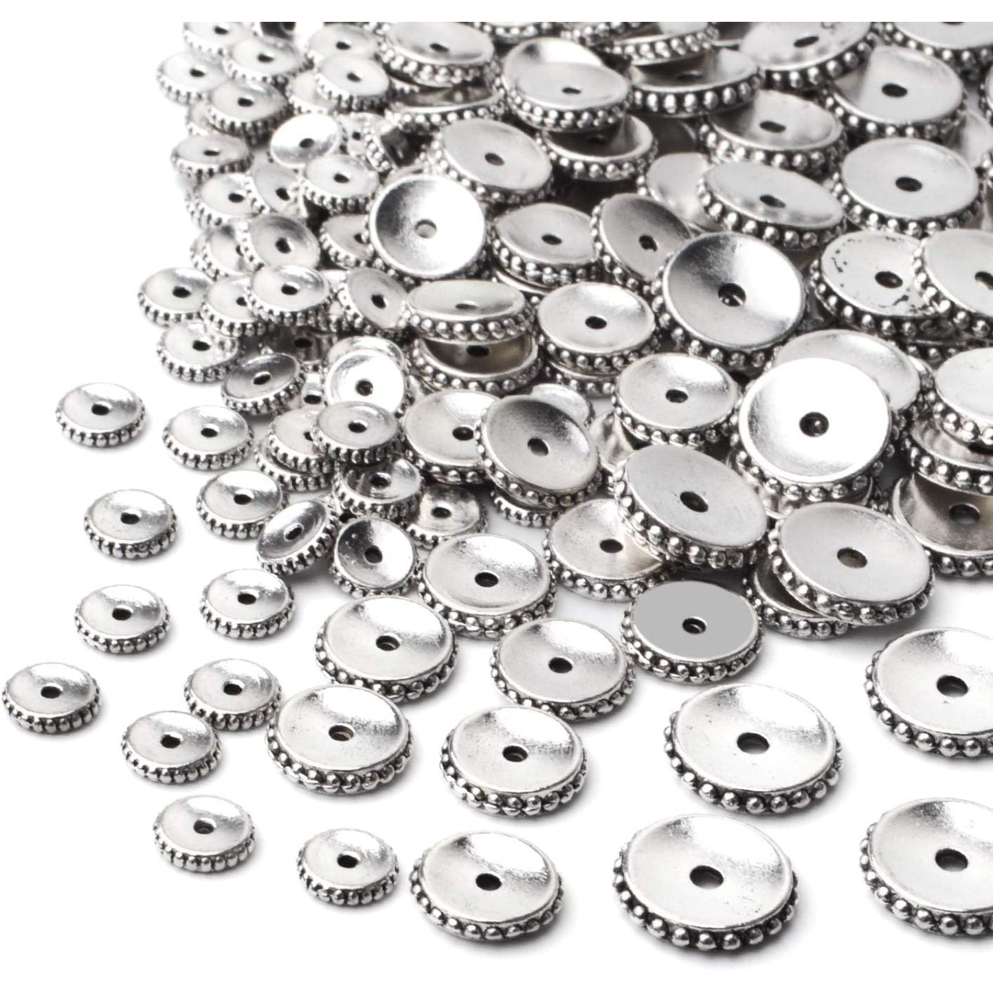 200pcs Tibetan Antique Silver Flat Round Spacer Beads Rondelle Bead Spacers Charms Spacer Loose Beads with A Box for Jewelry Making Crafts Supplies