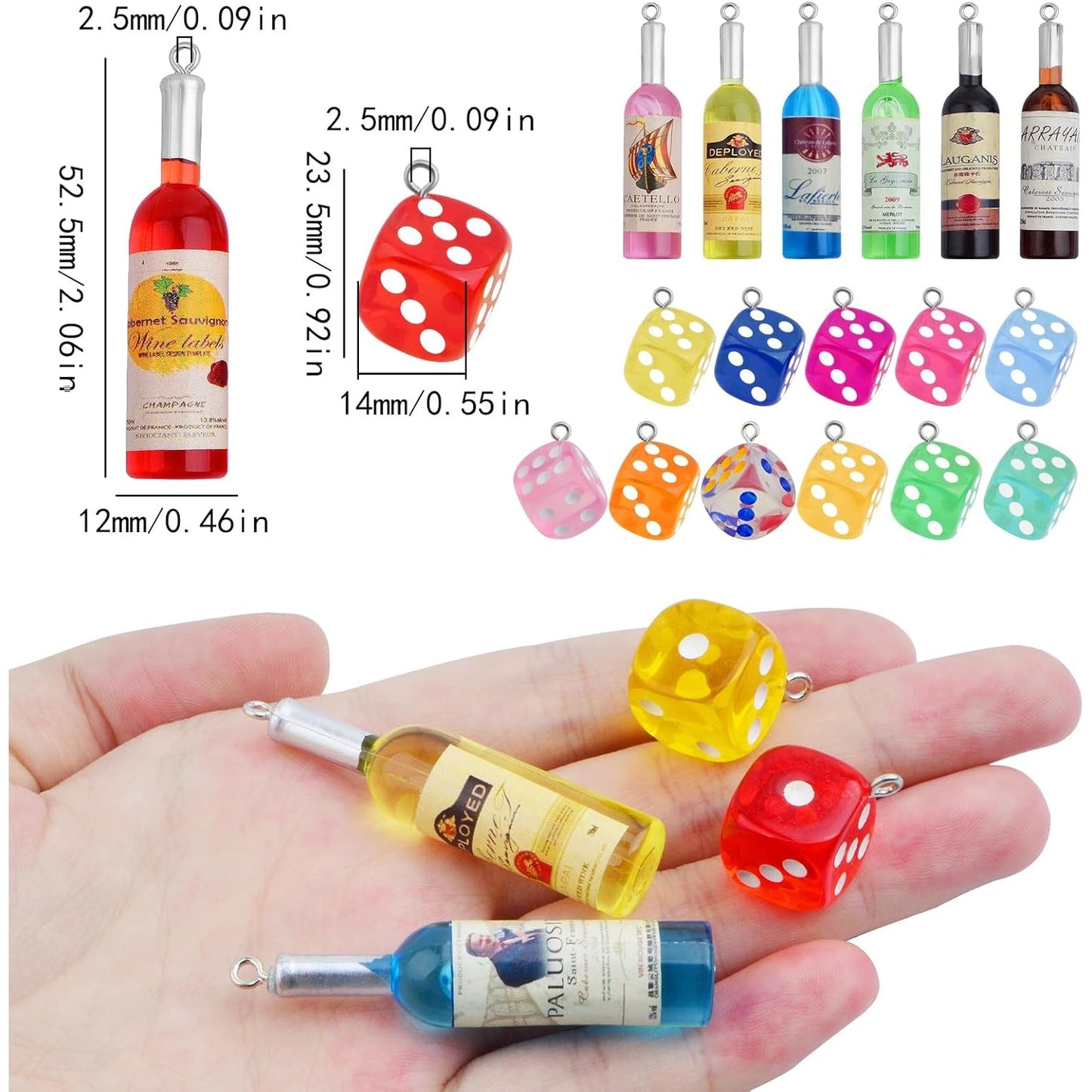 21pcs Resin Mini Wine Bottle Charms Plastic Random Colors Wine Bottles Label Pendants and 12pcs Clear Colorful Dice Dangle Charms for DIY Necklace Earrings Keychains Jewelry Making