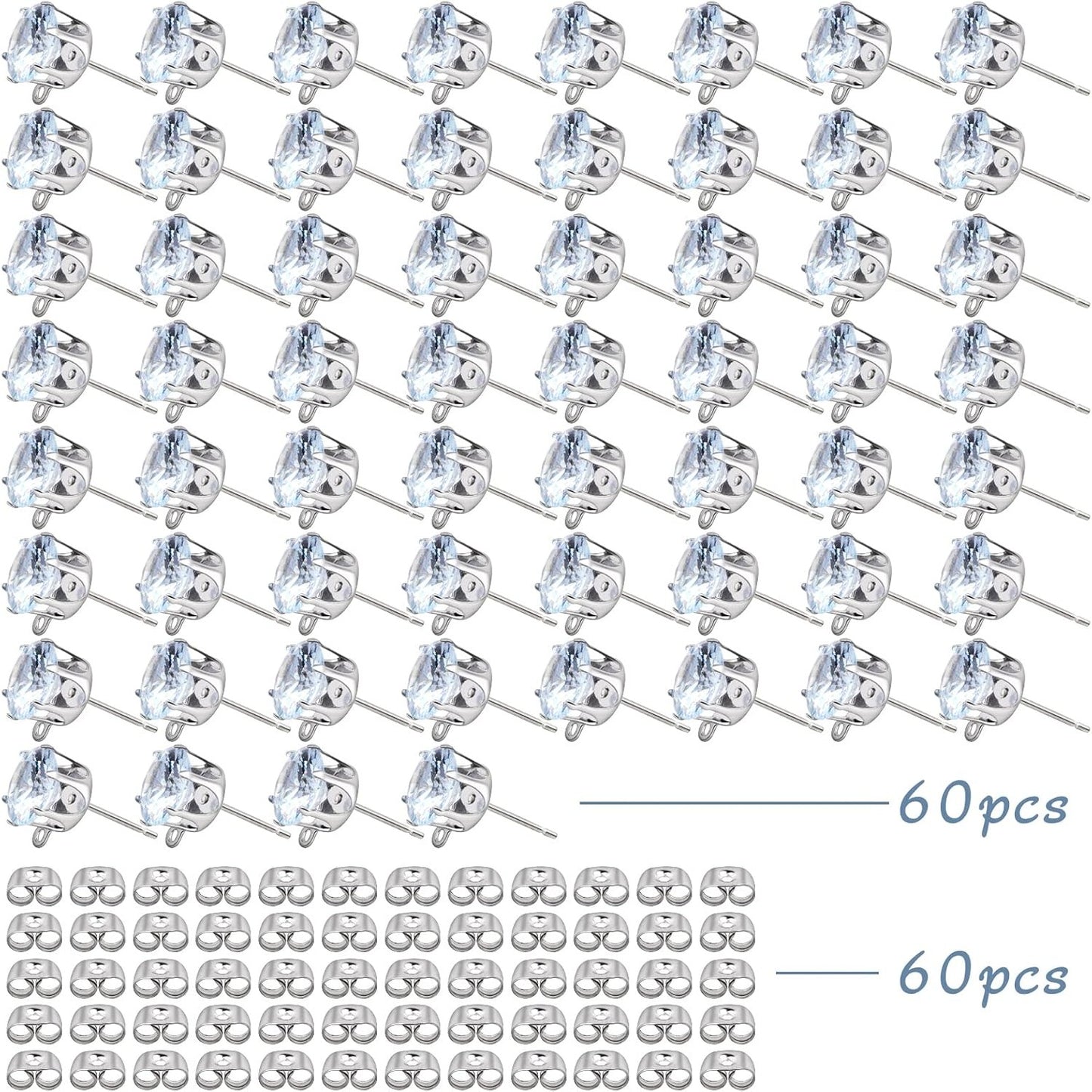 60pcs Silver Rhinestone Earrings Posts Hypoallergenic Crystal Earring Studs with Loop Hole and 60pcs Earring Backs Stoppers for DIY Jewelry Making Wedding Favor Gifts
