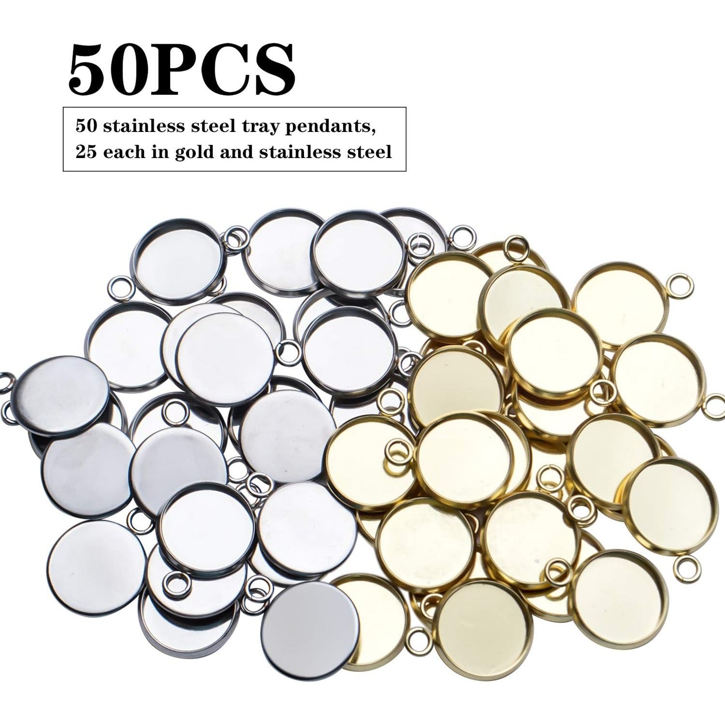 Stainless Steel Bezel Pendant Round Blank Trays, 50 Pcs - Cabochon Settings for Necklace & Earring DIY Jewelry Making