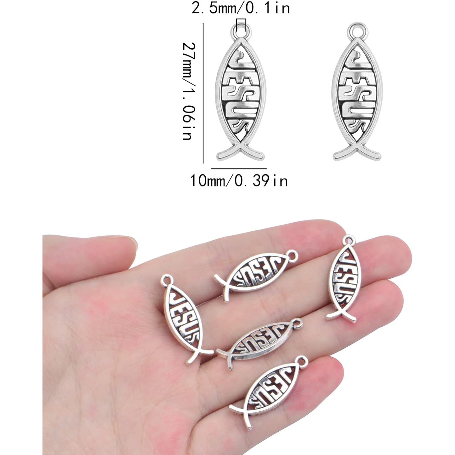 100pcs Antique Silver Jesus Fish Charms Tibetan Alloy Christian Fish Shaped Jesus Pendants Charms Craft Supplies for DIY Bracelet Necklace Jewelry Making Findings