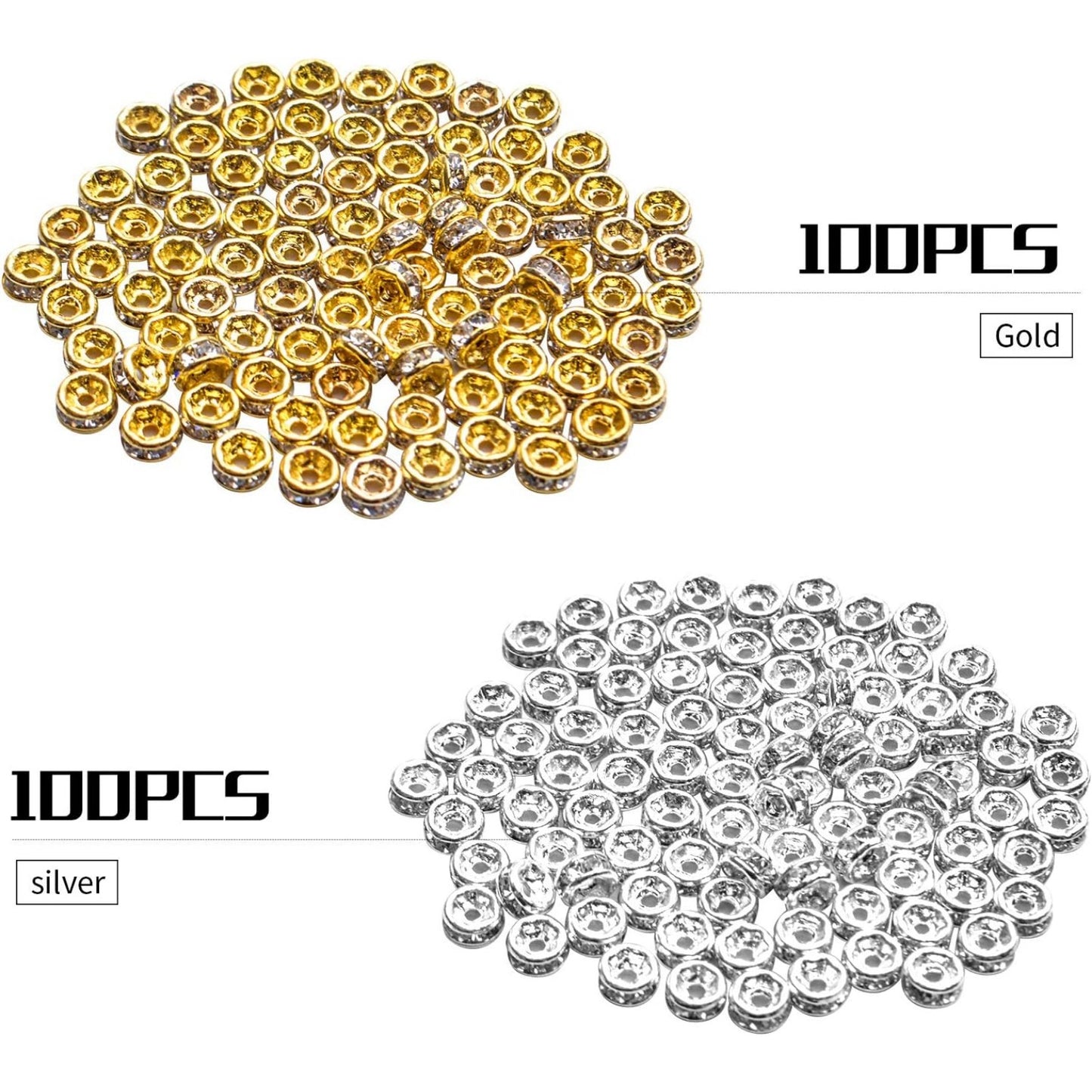 Rhinestone Spacer Beads,200Pcs Rondelle Loose Beads Crystal Charm Beads Clear Supplies for DIY Bracelet Necklace Jewelry Making
