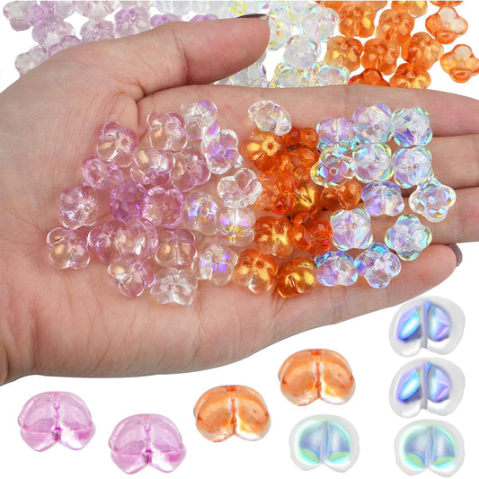 100pcs 4 Colors Glass Flower Beads Transparent Lampwork Floral Spacer Bead 4-Petal Flower Glaze Glass Beads Handmade Accessories for DIY Bracelet Necklace Earrings Crafts Gifts
