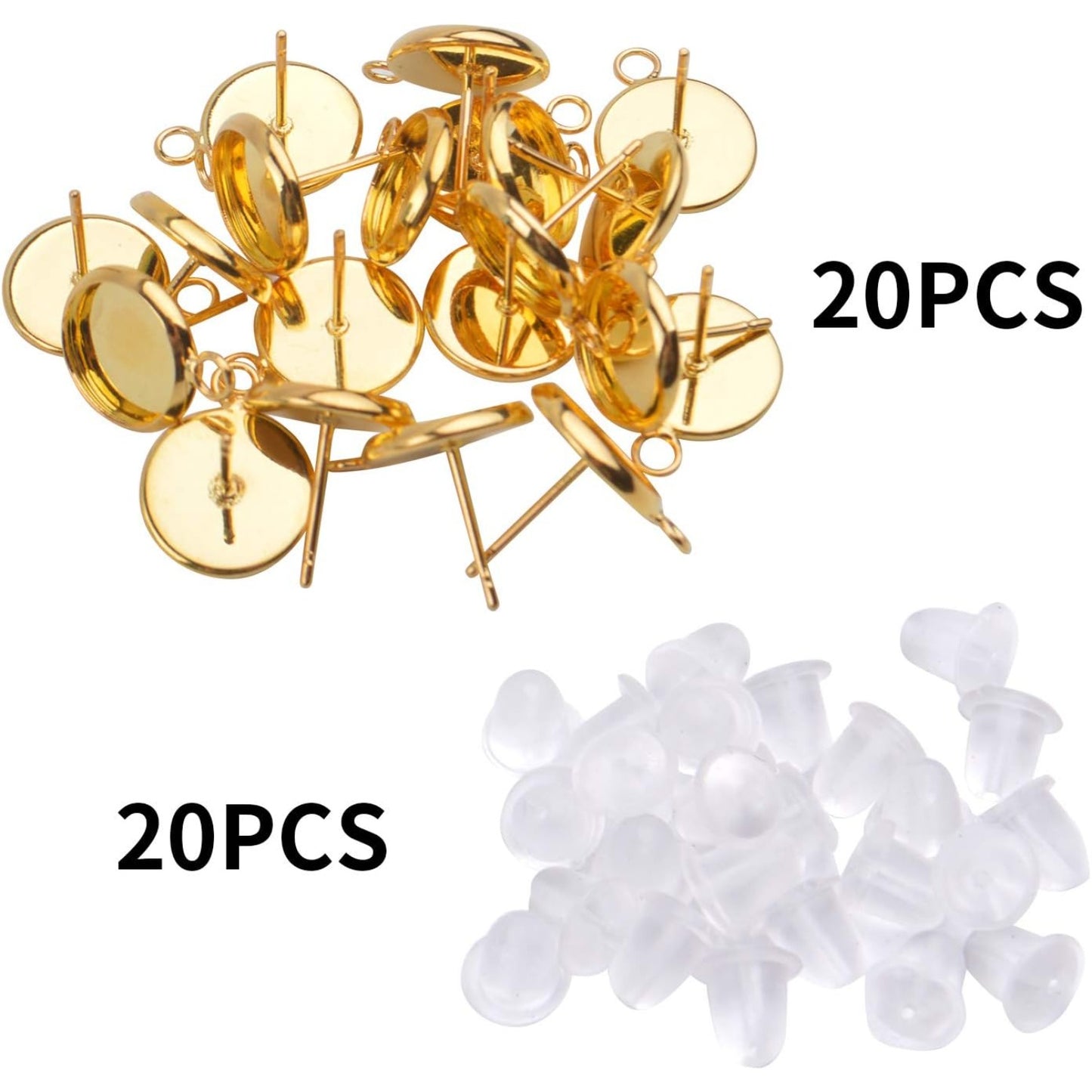 20 Pieces Cabochon Blank Earring Studs 10mm Ear Post and 20 Pieces Silicone Clear Ear Back for Earring Making (Gold)