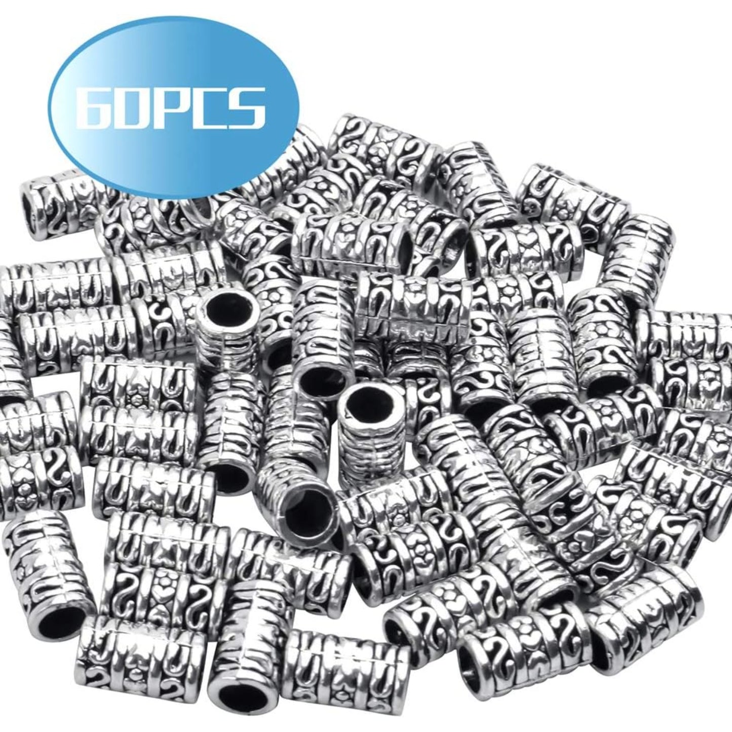 60pcs Tibetan Antique Silver Spacers European Large Hole Beads Charms Hollow Tube Bead Caps for DIY Dreadlocks Jewelry Crafts