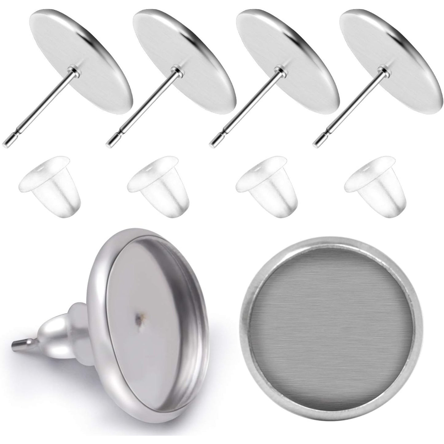 50 Pieces Stainless Steel Stud Silver Earring Cabochon Setting Post Cup for 10mm and 50 Pieces Clear Rubber Earring Safety Backs