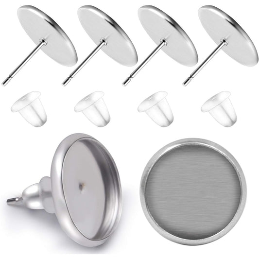 50 Pieces Stainless Steel Stud Silver Earring Cabochon Setting Post Cup for 10mm and 50 Pieces Clear Rubber Earring Safety Backs