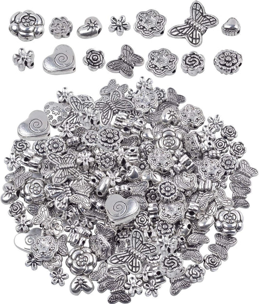 100 Gram(About 130-170pcs) Antique Tibetan Silver Alloy Butterfly Flower Beads Charm Bead Spacers Jewelry Findings Accessories for Bracelet Necklace Jewelry Making