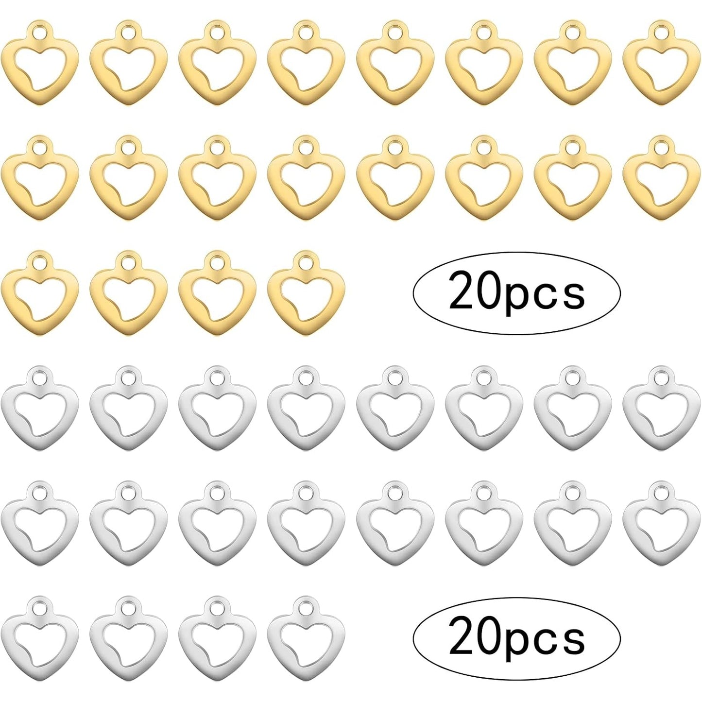40pcs Hollow Heart Shape Pendant Charms Stainless Steel Tiny Love Charms Craft Supplies for DIY Necklace Bracelet Keychains Jewelry Making Findings, 2 Colors