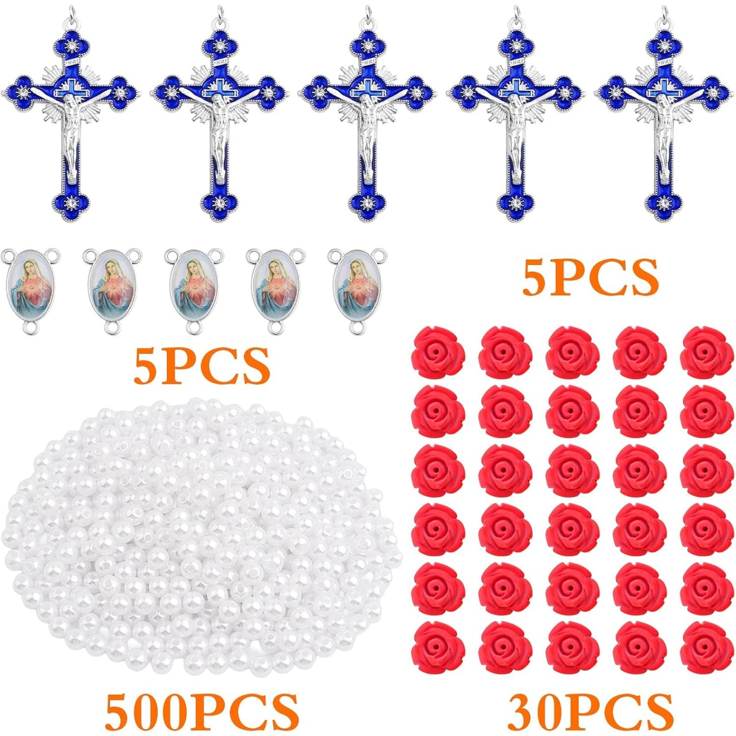 5pcs Enamel Jesus Virgin Mary Pendant Links, 5pcs Blue Religious Cross Charms, 30pcs Cinnabar Carved Red Rose Beads and 500pcs White Pearls for Rosary Necklace DIY Jewelry Making