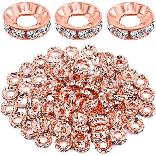 100pcs 10 mm Rhinestone Rondelle Spacer Beads Large Hole Round Crystal Loose Beads Craft Supplies for DIY European Bracelet Jewelry Making Decor, Rose Golden