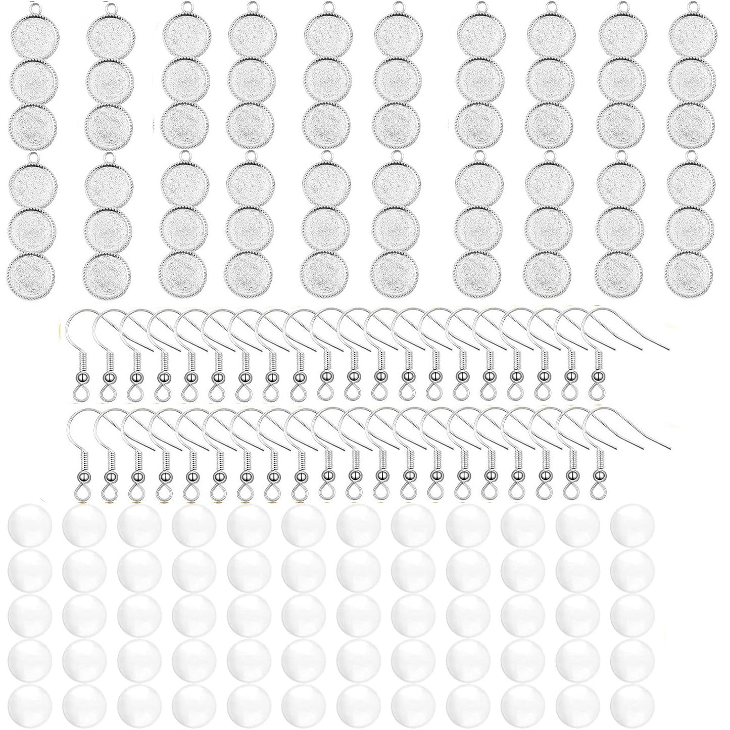 20pcs 2 Colors Blank Round 12 mm Earring Bezel Trays Bases 3-Consecutive Earring Blanks and 60pcs 12 mmGlass Cabochon Dome Tiles with 40pcs Earring Hooks for DIY Jewelry Making