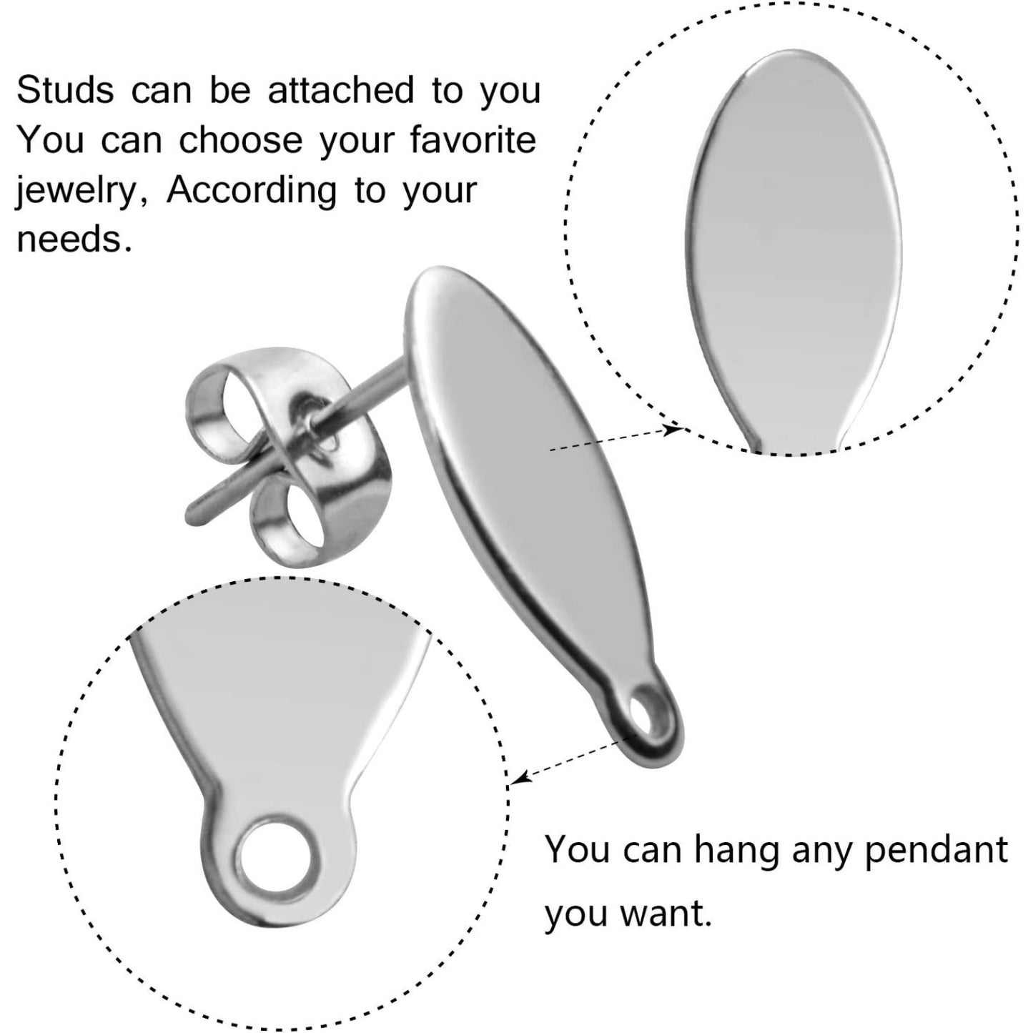 Stud Earring Findings - 20pcs Stainless Steel Oval Studs Blank Post with Loop and 20pcs Butterfly Backs for Making