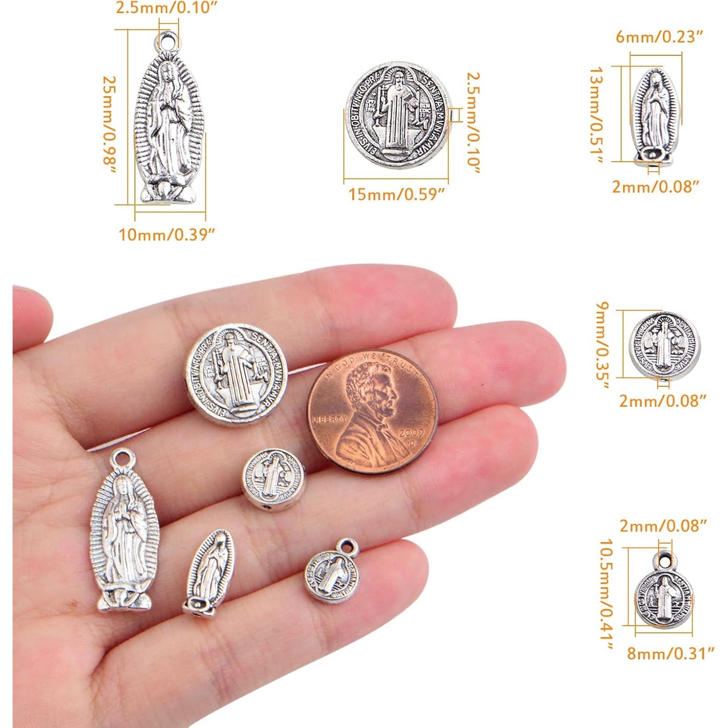 50pcs Antique Silver Mixed Jesus Virgin Mary Religious Benedict Medallion Spacer Beads and Pendant Charms for DIY Rosary Necklace Bracelet Jewelry Making, 5 Styles