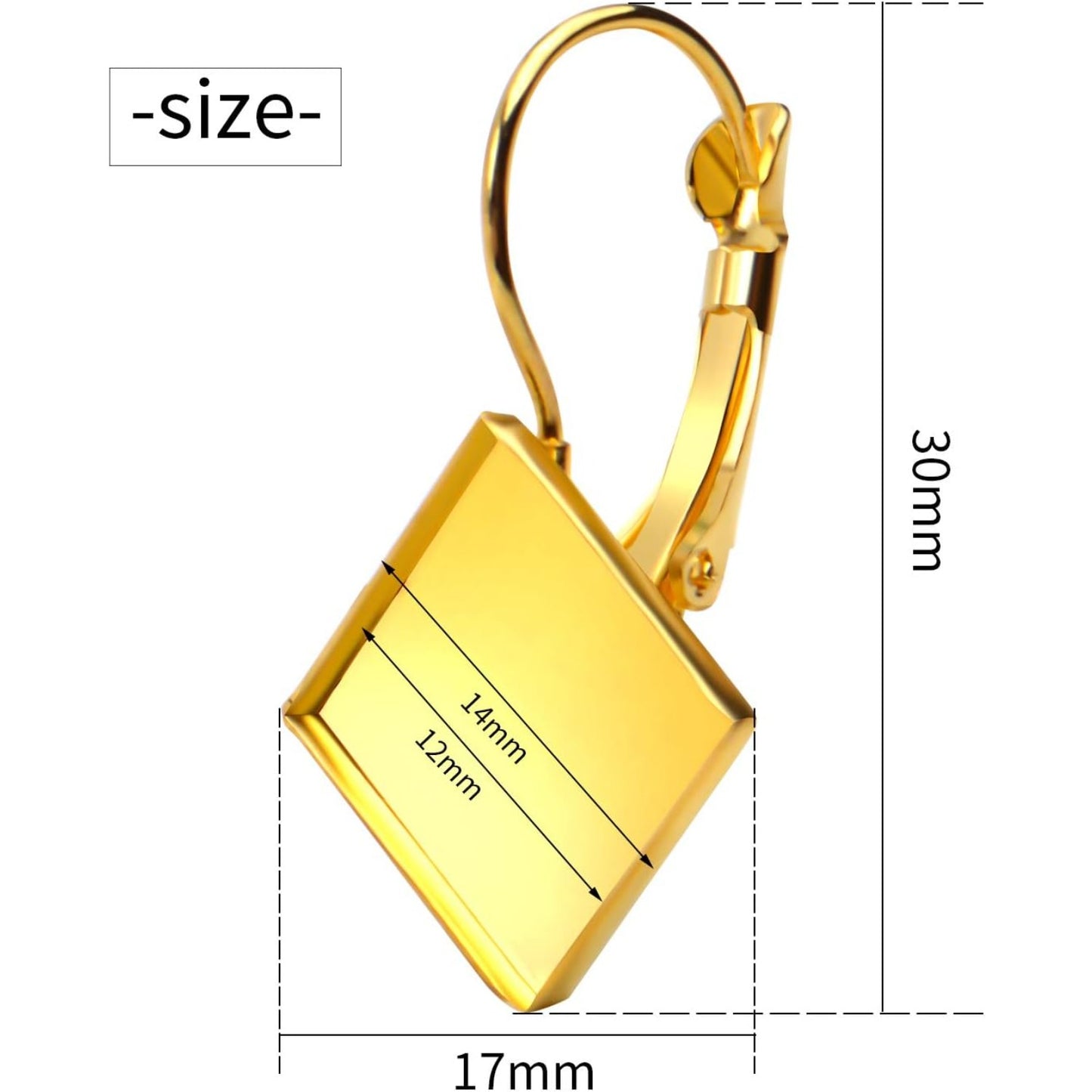 Leverback Cabochon Earring Setting, 20 Pieces Brass Lever Back Hoop Bezel Earrings Earwires with Flat Square Tray for DIY Domed Cabochons Earrings - 12 mm Tray