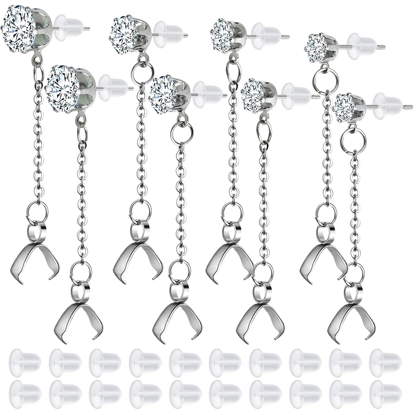 8pcs Stainless Steel Rhinestone Earring Studs Silver Plated Cubic Zirconia Earring Posts with Pinch Clasps Chains and 20pcs Clear Earring Backs for DIY Jewelry Making Supplies
