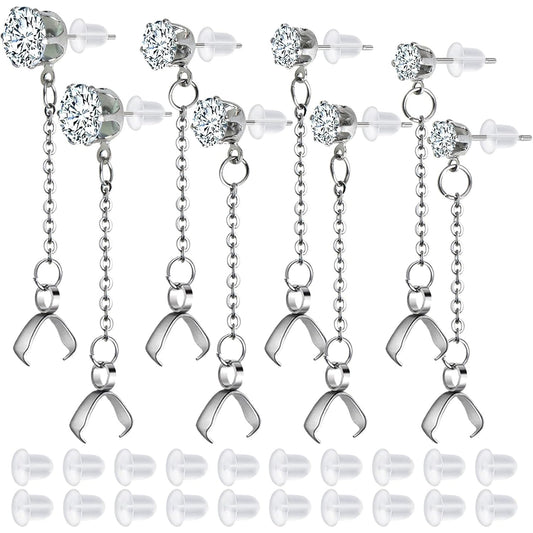 8pcs Stainless Steel Rhinestone Earring Studs Silver Plated Cubic Zirconia Earring Posts with Pinch Clasps Chains and 20pcs Clear Earring Backs for DIY Jewelry Making Supplies