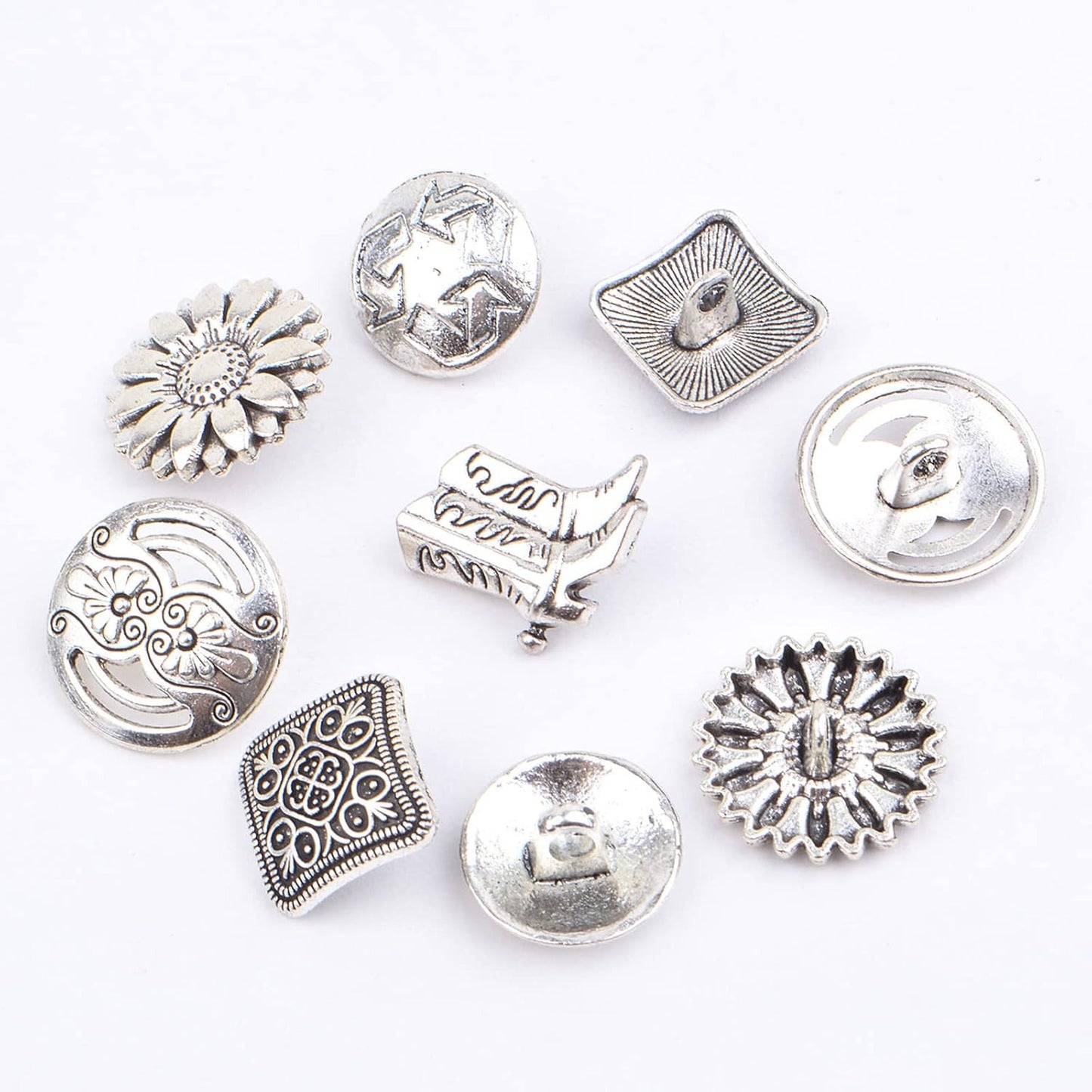 30pcs Silver Sewing Shank Buttons Tibetan Alloy Assorted Carved Sunflower Arrowhead Boot Decorative Handmade Buttons for Costumes Design Clothes Jeans Sewing Crafts, 5 Styles