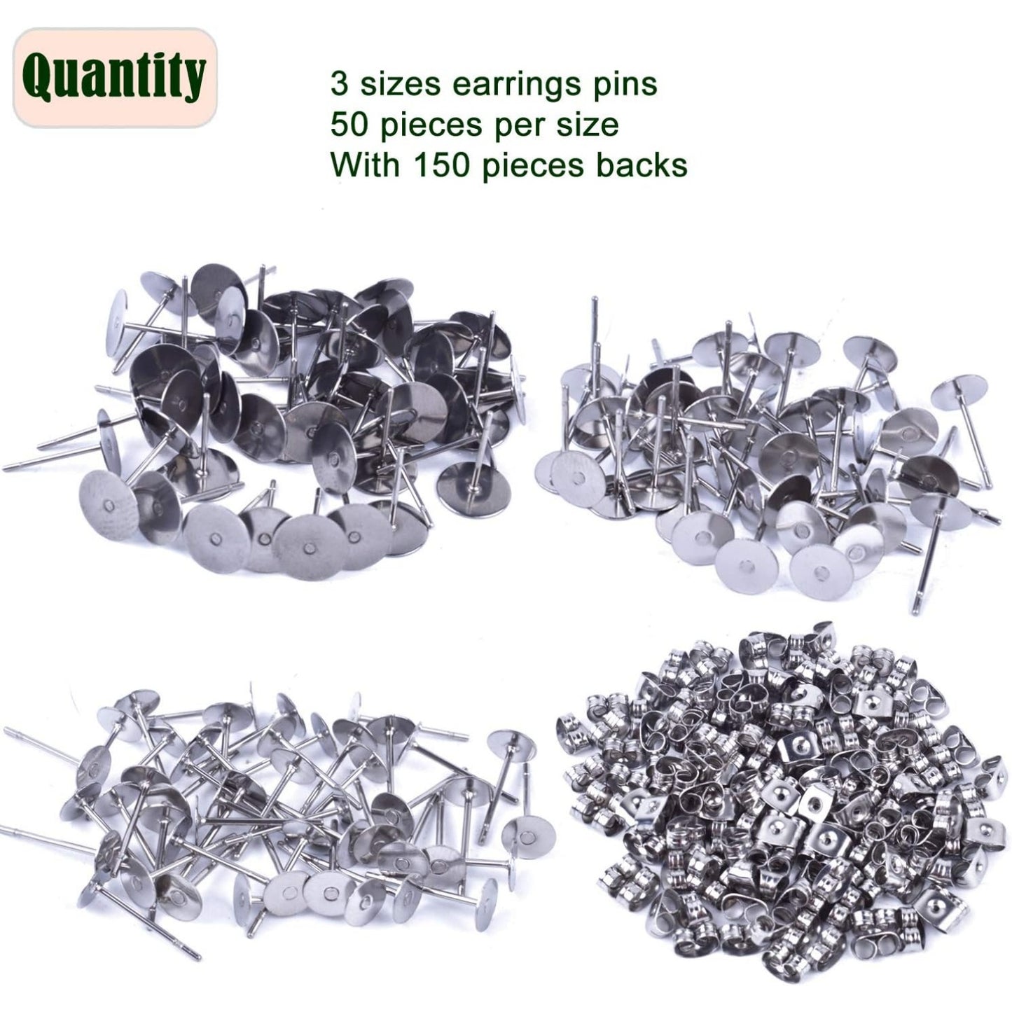 150 Pairs 3 Sizes Glue On Earrings Posts Flat Post Pad with Butterfly Earring Backs Earring Pin Stud Findings Blank for Earrings Making