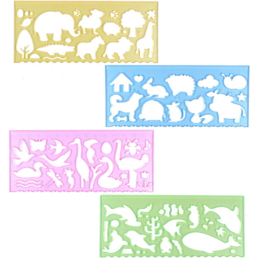 BronaGrand 4 Pcs Drawing Stencils Plastic Ruler Animals Painting Templates for Kids Clear 4 Colors