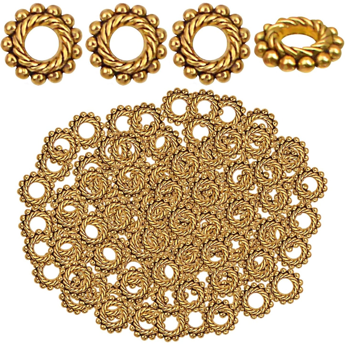 200pcs Round Gear Spacer Beads Tibetan Antique Golden Alloy Rondelle Loose Charm Bead Metal Spacers Accessories for DIY Bracelet Necklace Earrings Crafts Jewelry Findings