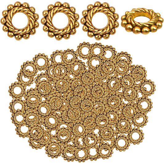 200pcs Round Gear Spacer Beads Tibetan Antique Golden Alloy Rondelle Loose Charm Bead Metal Spacers Accessories for DIY Bracelet Necklace Earrings Crafts Jewelry Findings