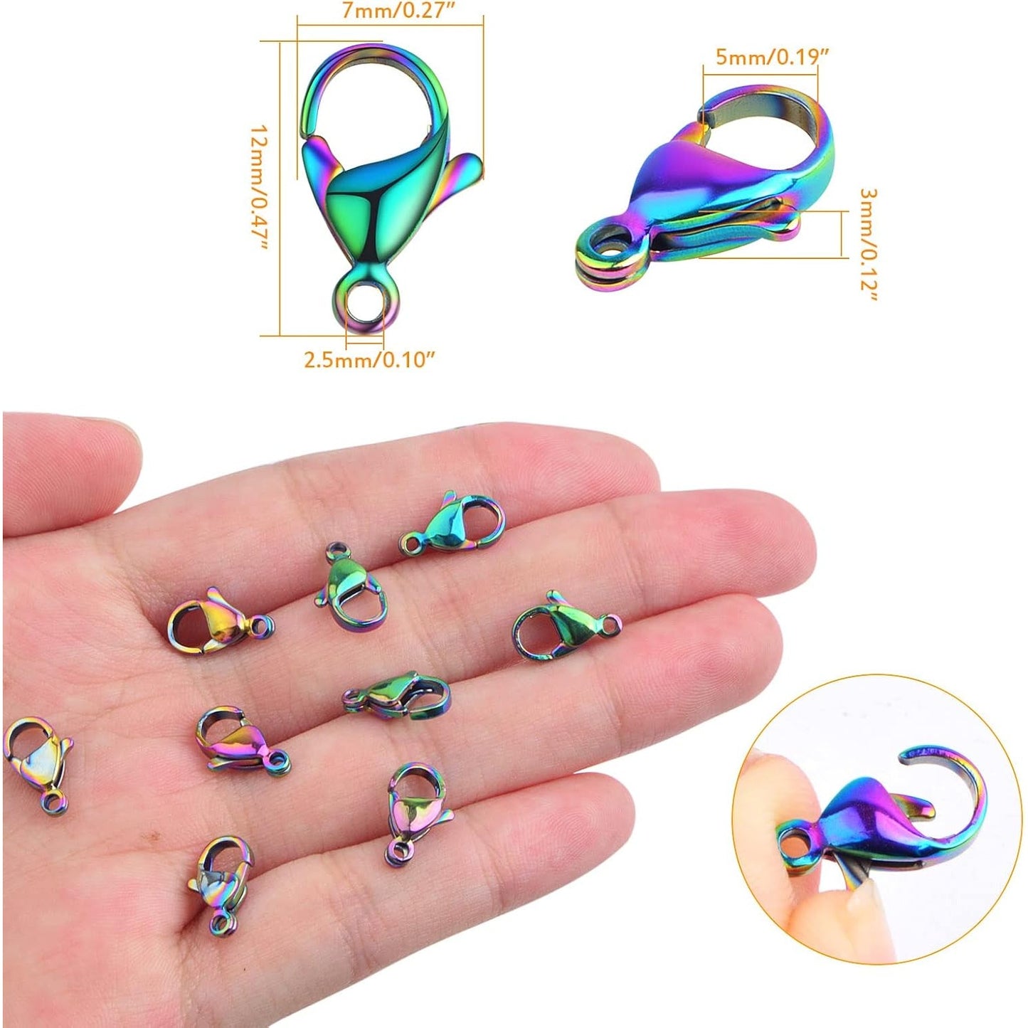 30 Pieces Rainbow Color Lobster Claw Clasps Stainless Steel Necklace Lobster Clasp Fastener Hook Clasps for DIY Bracelet Jewelry Making Findings, 12 x 7 mm