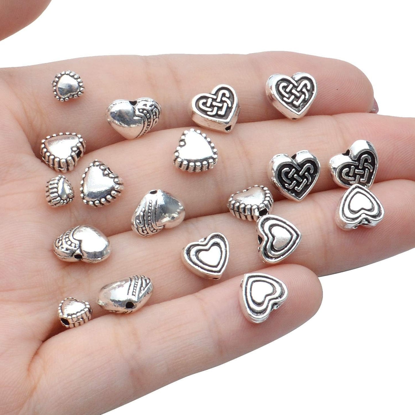 140pcs Antique Silver Heart Shape Spacers Alloy European Style Heart Beads Charms Spacer Bead Jewelry Heart Charms for DIY Bracelet Jewelry Making, 5 Sizes