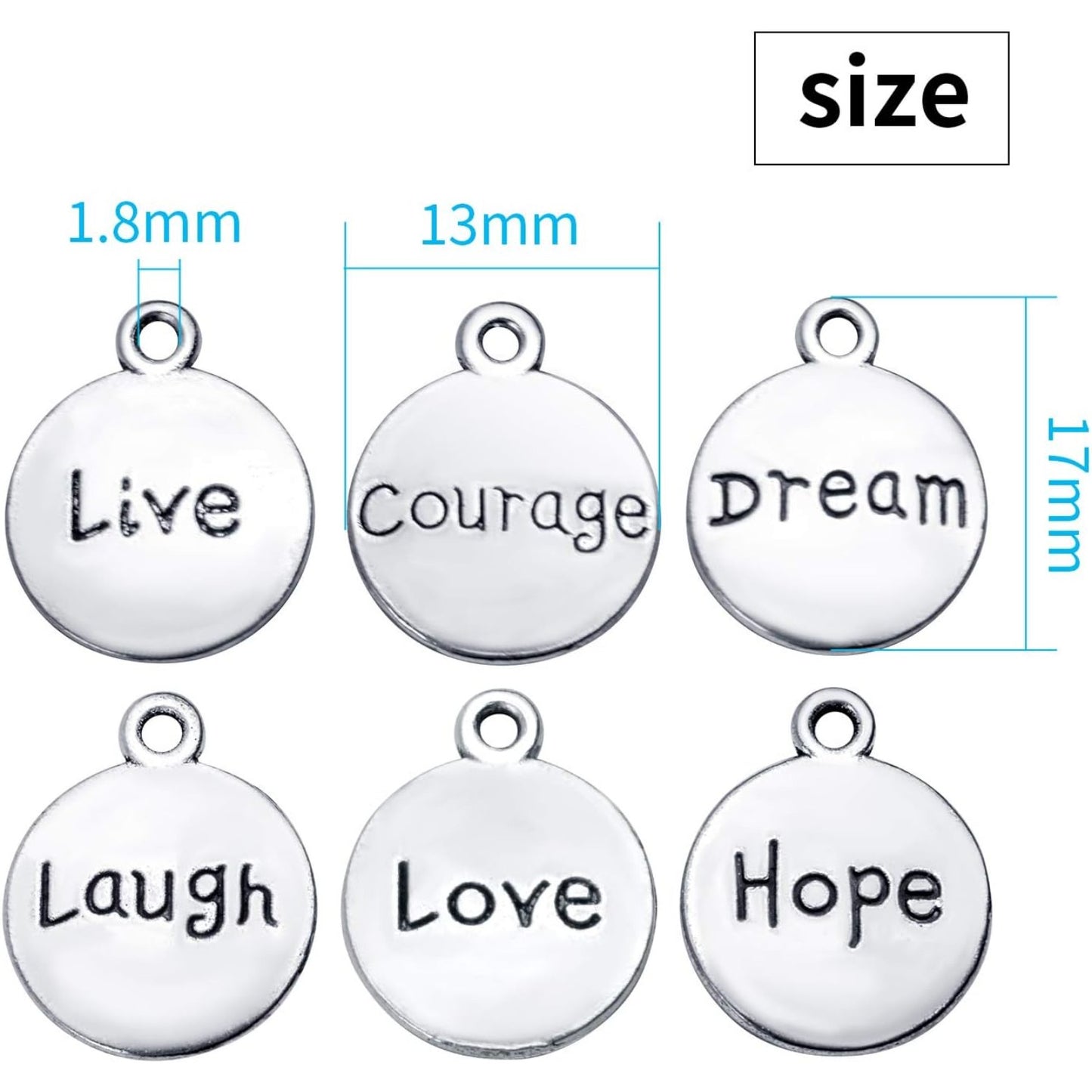 60pcs Inspirational Words Pendants Round Double-sided Lettering Charms Jewelry Findings for Crafting Necklace Bracelet,Antique Silver