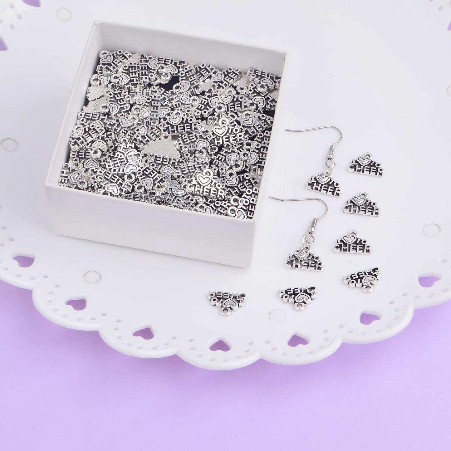 100pcs Antique Silver I Love to Cheer Charms Vintage Alloy Love Cheer Pendants Sport Cheerleader Dangle Charms for DIY Necklace Bracelet Jewelry Supplies Cheerleading Gifts