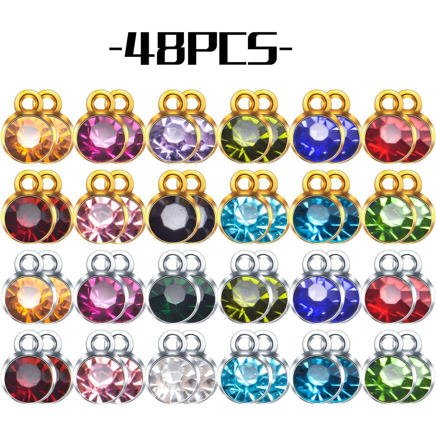 Crystal Pendant Charms,48pcs Golden Silver Crystal Birthstone Charms Rhinestone Pendants Crystal Beads Charms with Rings for Jewelry Necklace Bracelet Earring Arts Making Accessories,12 Colors