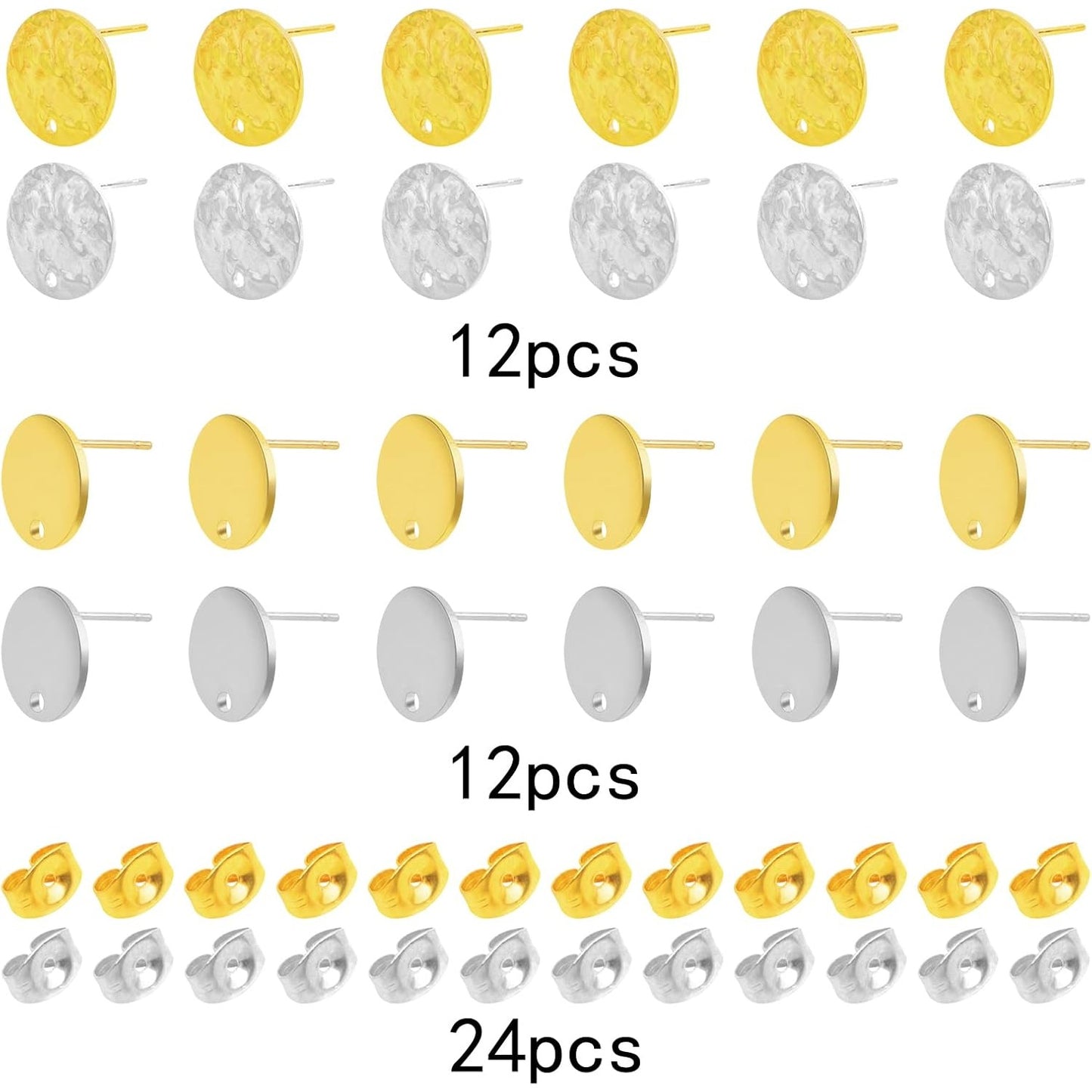 24pcs 12 mm 2 Styles Stainless Steel Earring Posts with Loop Blank Flat Round Stud Earrings and 24pcs Butterfly Earring Backs for DIY Jewelry Making Findings, 2 Colors