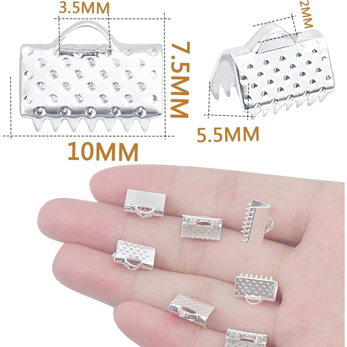 500pcs Silver Plated Pinch Crimp Clamp Ends Cord Ends Fasteners Clasp Metal Ribbon Bookmark Connectors for DIY Bracelet Leather Suede Jewelry Craft Making