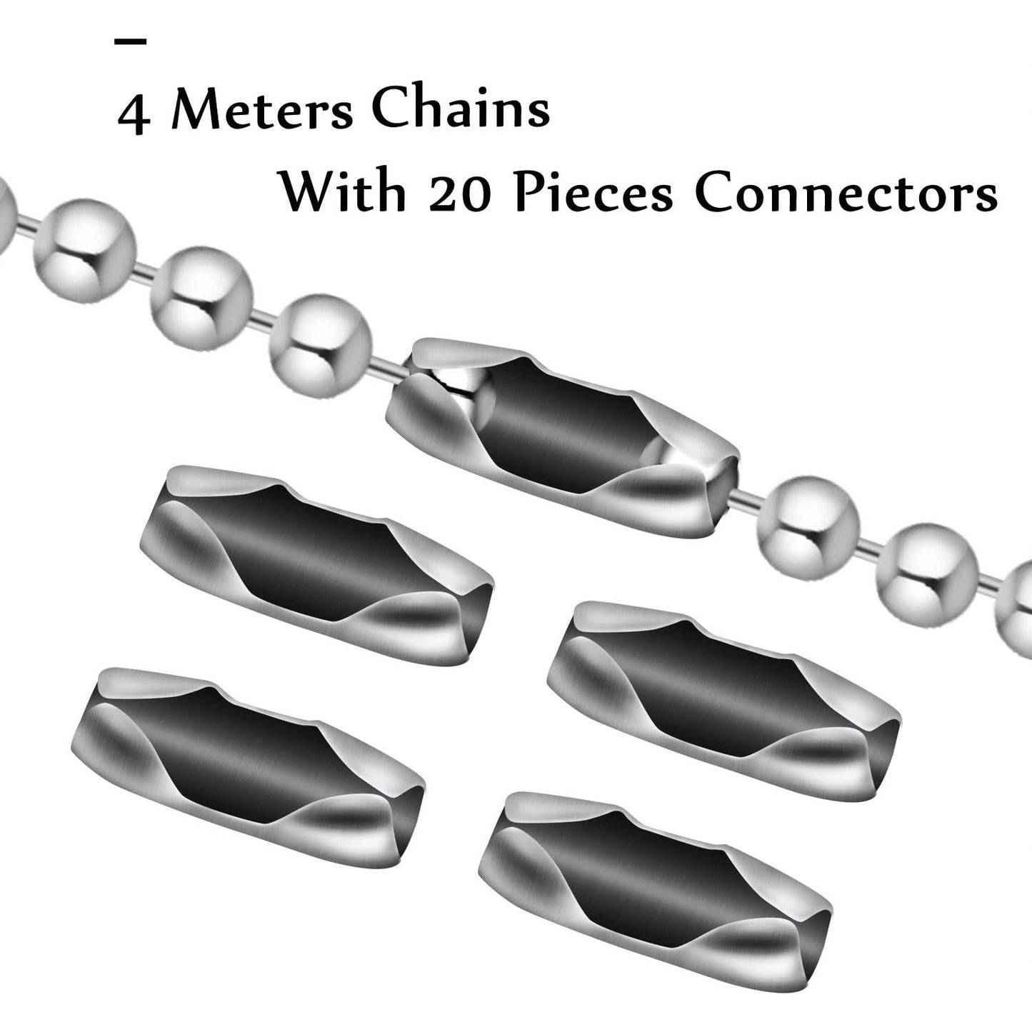 1pcs 4.5mm Beaded Pull Chain Extension with Connector,4m Beaded Roller Chain with 20pcs Matching Connectors,Silver