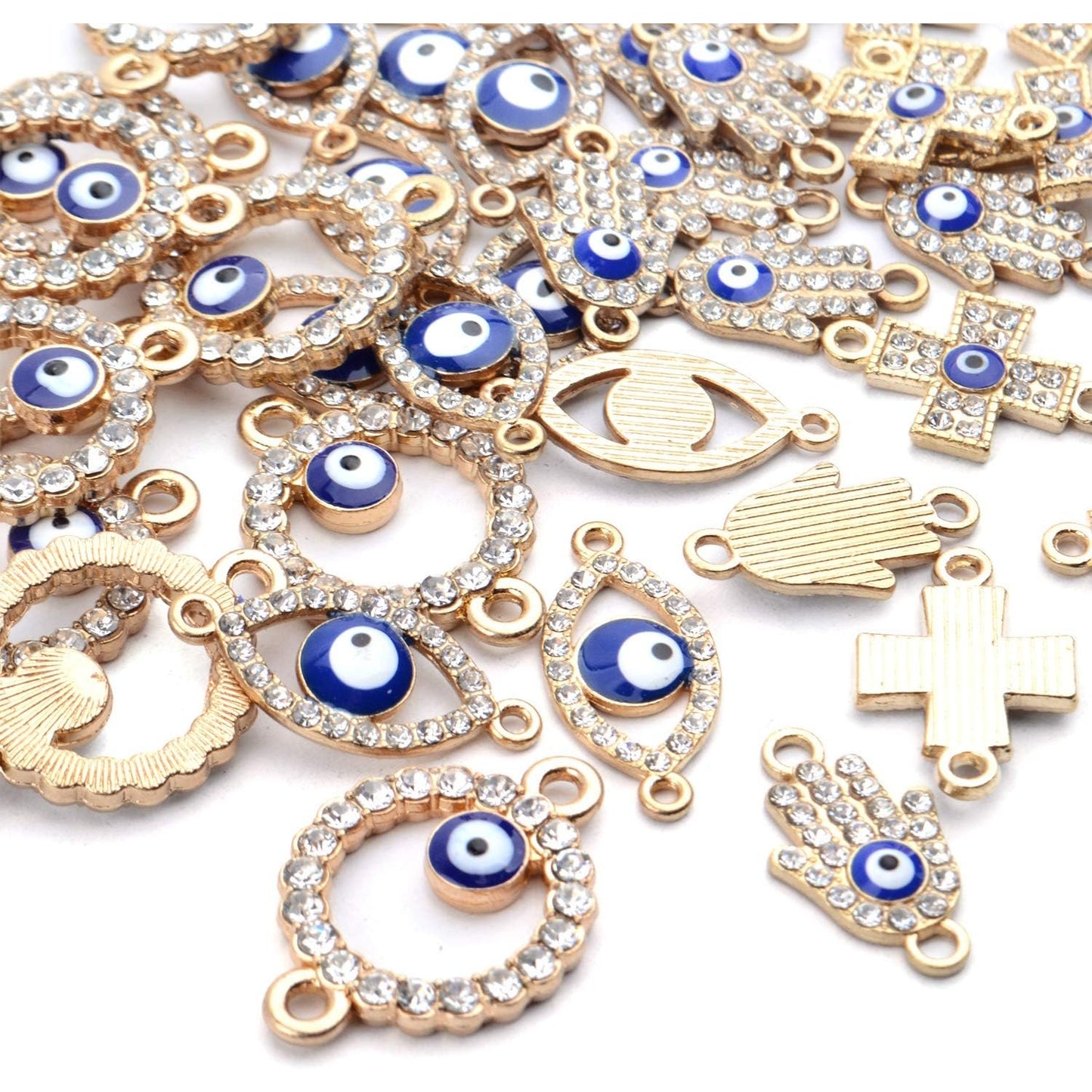 40pcs Evil Eye Connectors Pendants Bracelet Rhinestone Connector Bead Charms Round Cross Hand Eye Forms for Bracelet Necklace Crafts DIY,Gold