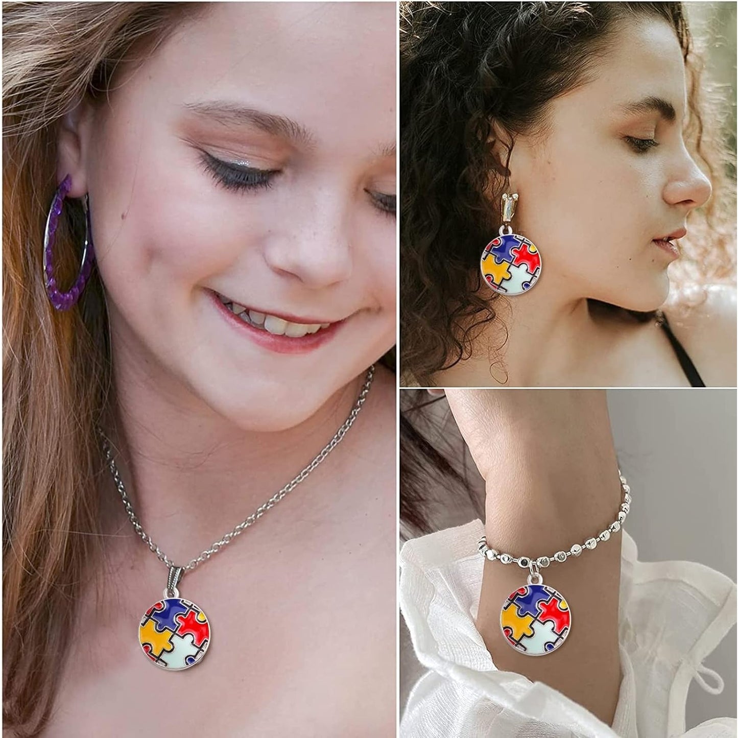 20pcs Autism Charms Pendants Ribbon Heart Round Square Cross with Puzzle Shape Charms Enamel Colorful Enamel Autistic Awareness Pendants for DIY Necklace Bracelet Earrings Jewelry Making Supplies