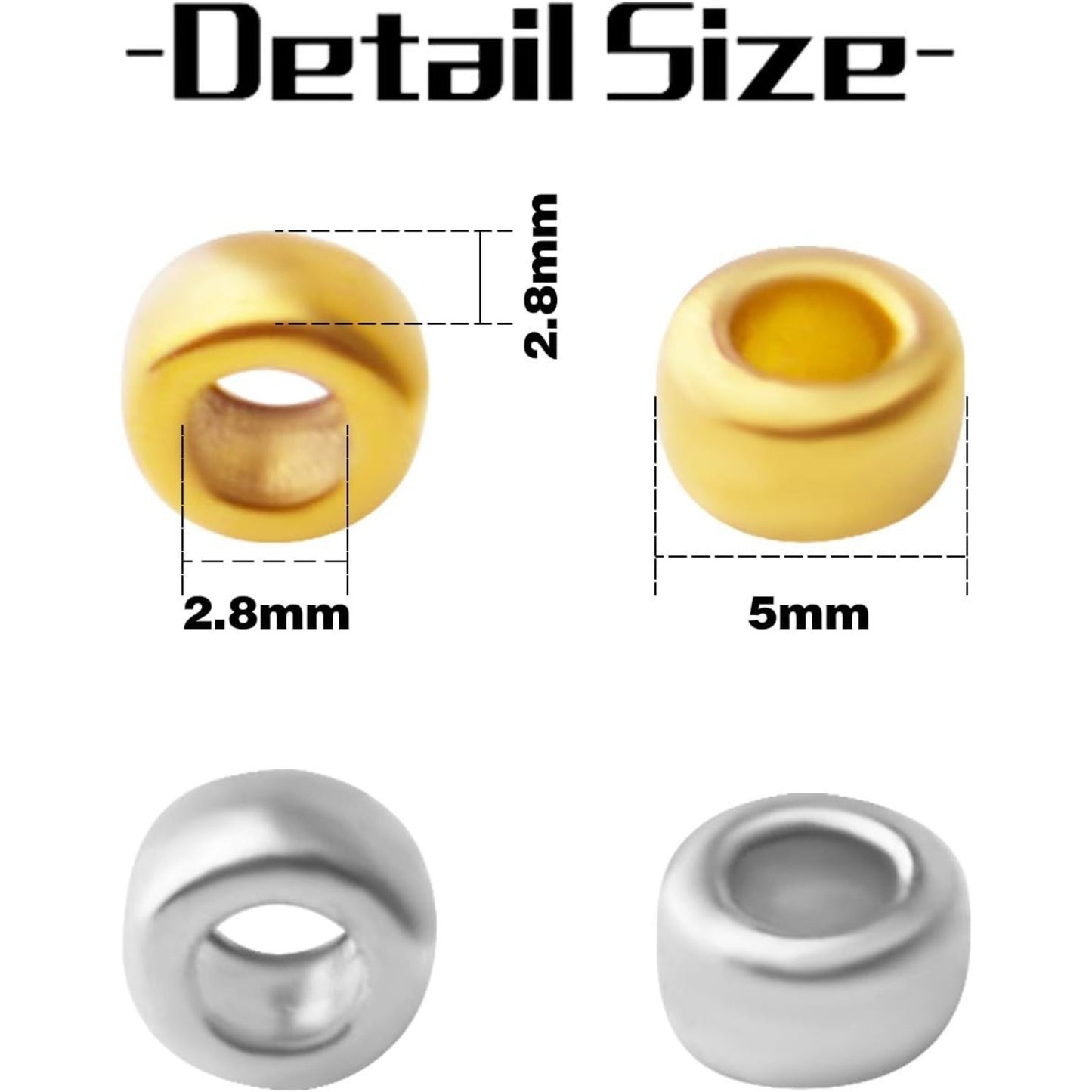 100pcs Alloy Tube Spacer Beads Rondelle Beads European Column Spacers Loose Round Spacers Jewelry Beads Charms for Bracelet Jewelry Crafts Making Supplies,Gold and Silver