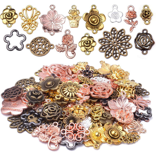 Flower Charms, 100g Craft Supplies Alloy Mixed Style Rose Life Flower Connector Links Charms Pendant Beads Charm for Jewelry Making Crafting Findings Accessory