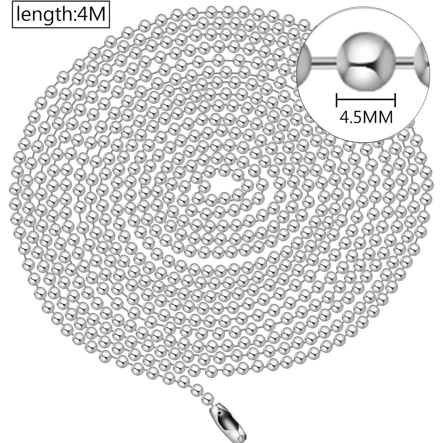 1pcs 4.5mm Beaded Pull Chain Extension with Connector,4m Beaded Roller Chain with 20pcs Matching Connectors,Silver