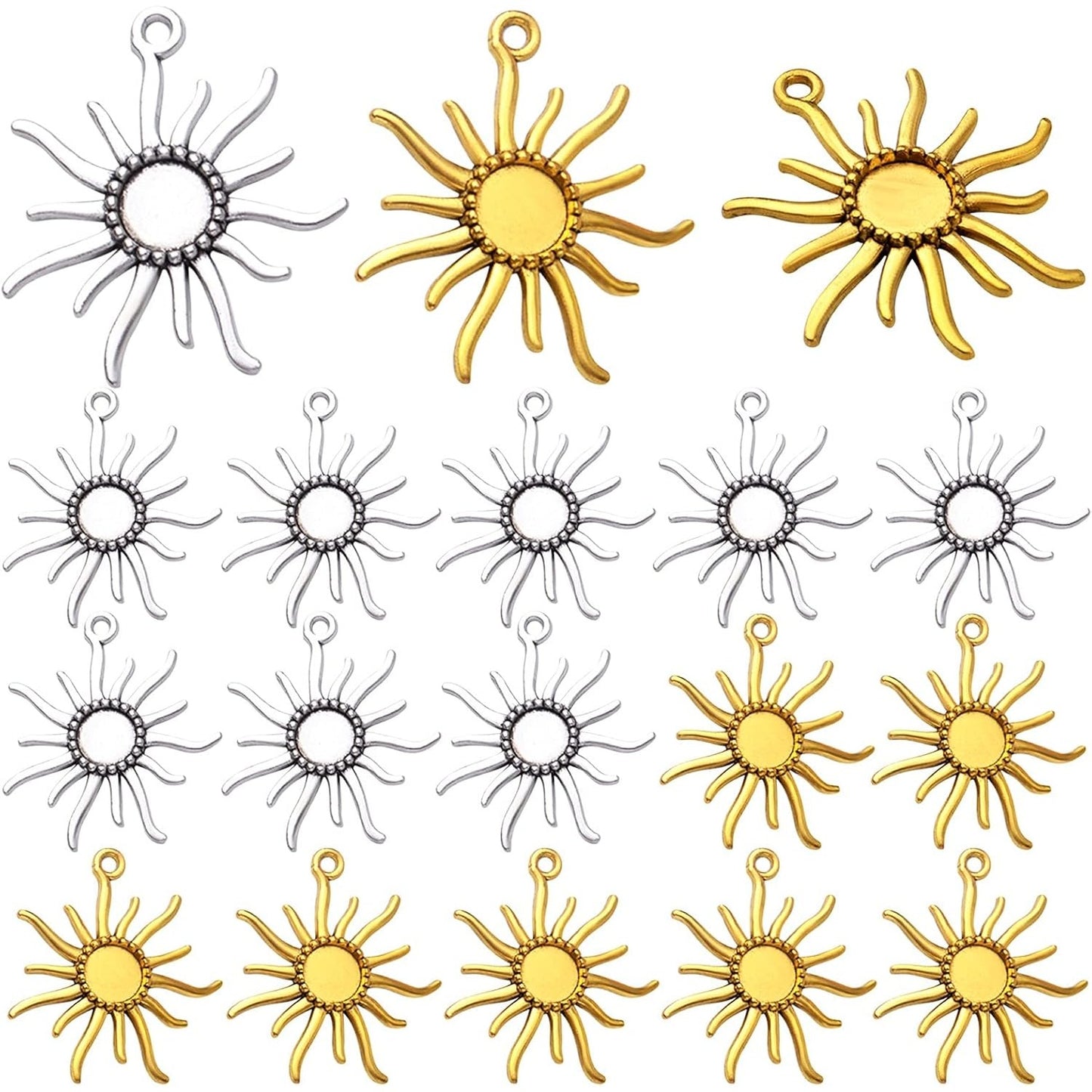 20pcs Sun Blank Round Pendant Trays Tibetan Alloy Base Cabochon Settings Bezel Frame Cameo Tray Charms for Crafts Jewelry Making Projects, 2 Colors, 12 mm Inner Diameter