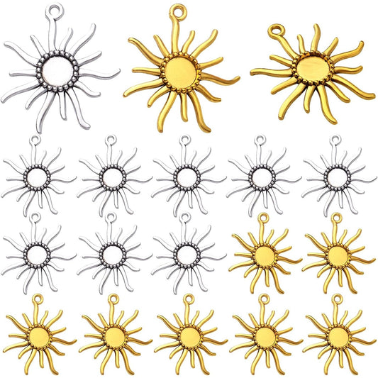 20pcs Sun Blank Round Pendant Trays Tibetan Alloy Base Cabochon Settings Bezel Frame Cameo Tray Charms for Crafts Jewelry Making Projects, 2 Colors, 12 mm Inner Diameter