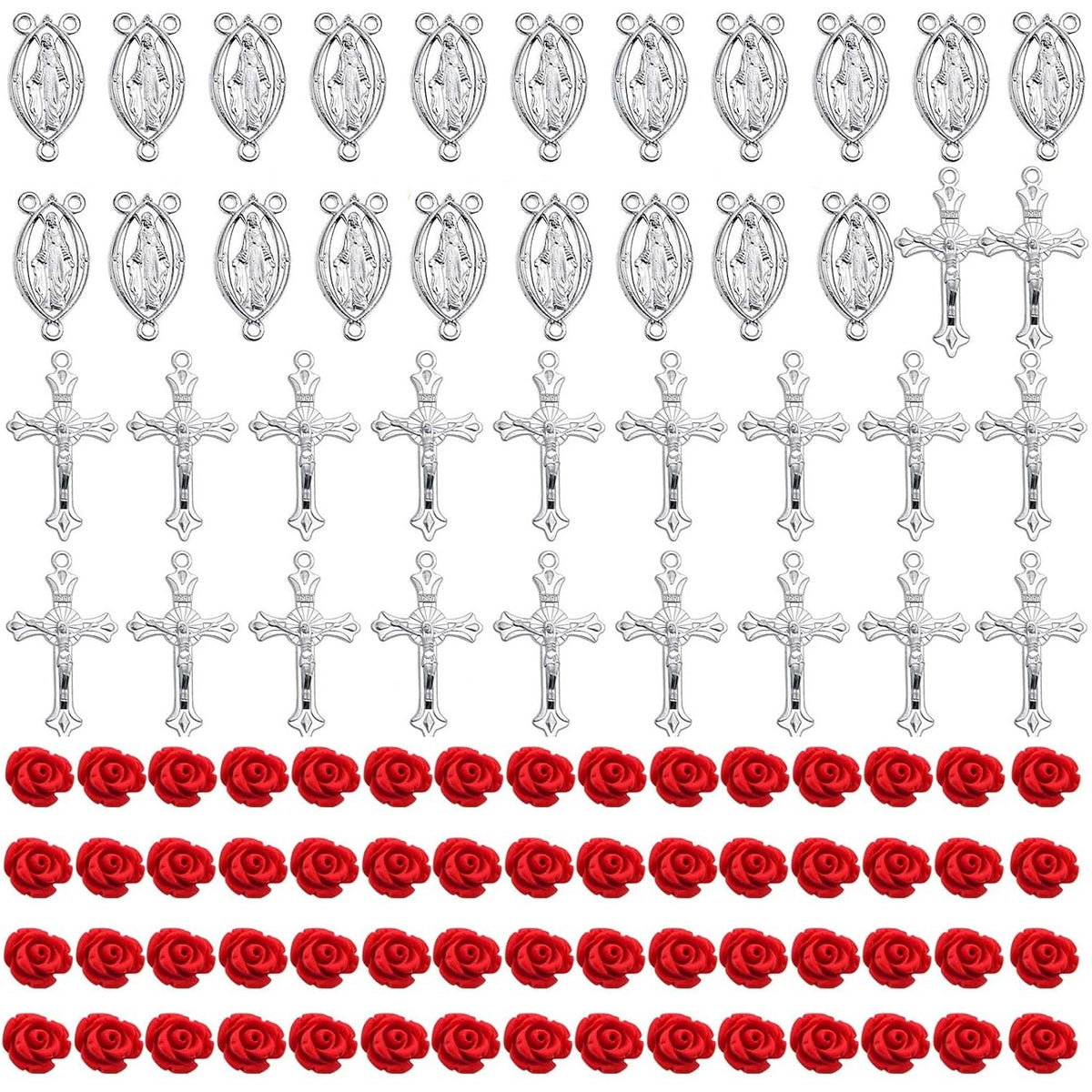 100pcs Rosary Cross and Center Charms 8mm Cinnabar Carved Red Rose Flower Beads Crucifix Cross Centerpiece Jesus Maria Medal Pendant Kit for Rosary Bracelet Necklace Jewelry Making