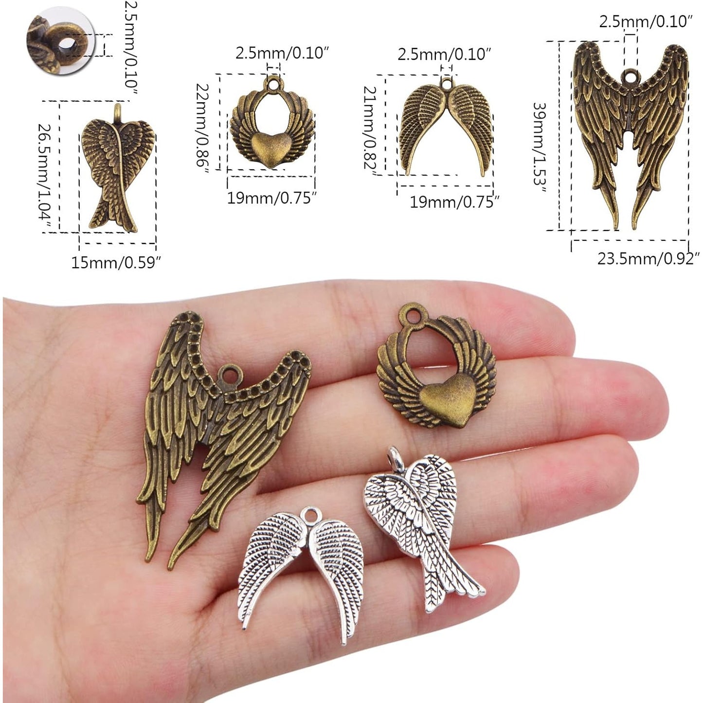 40pcs 4 Styles Angel Double Wing Charms Tibetan Style Alloy Fairy Wing Feather Bead Pendants Ornaments for DIY Craft Earring Necklace Jewelry Making Findings, 2 Colors