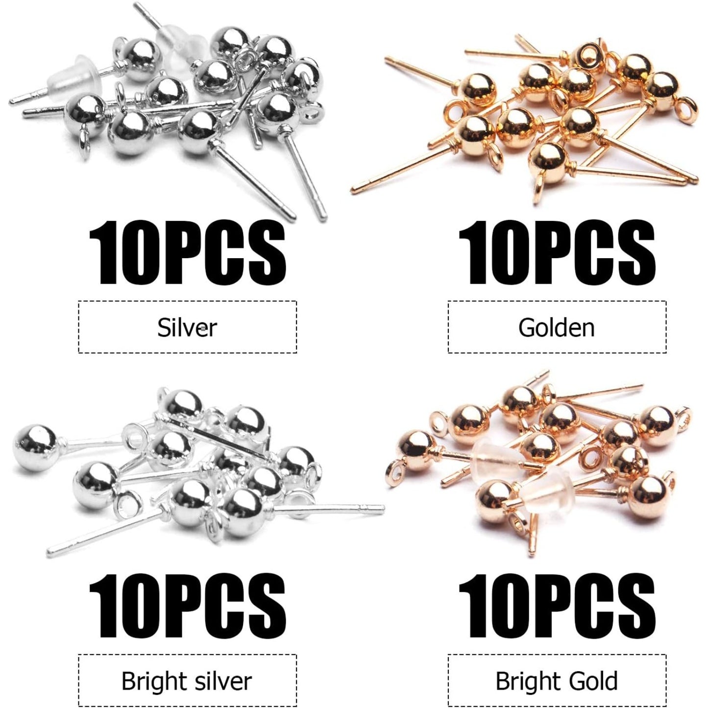Ball Post Earrings with Loop, 40pcs 4mm Hypoallergenic Stainless Steel & Silicone Earring Studs & Backs, 4 Colors