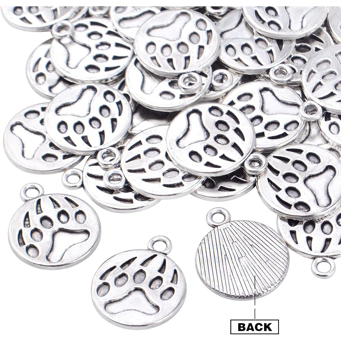 50pcs Antique Silver Paw Print Charms Alloy Dog Cat Bear Footprint Pendants Animal Paw Charms Jewelry Making Accessories for DIY Earrings Necklace Bracelet and Crafting