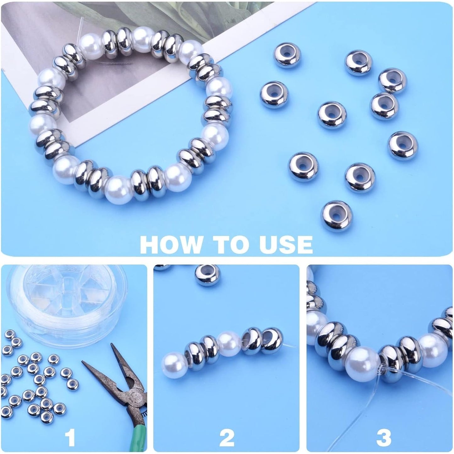 30pcs Stainless Steel Rondelle Stopper Beads with Rubber Inside Metal Loose Beads 2mm Hole Positioning Spacer Beads for DIY Jewelry Making Accessories