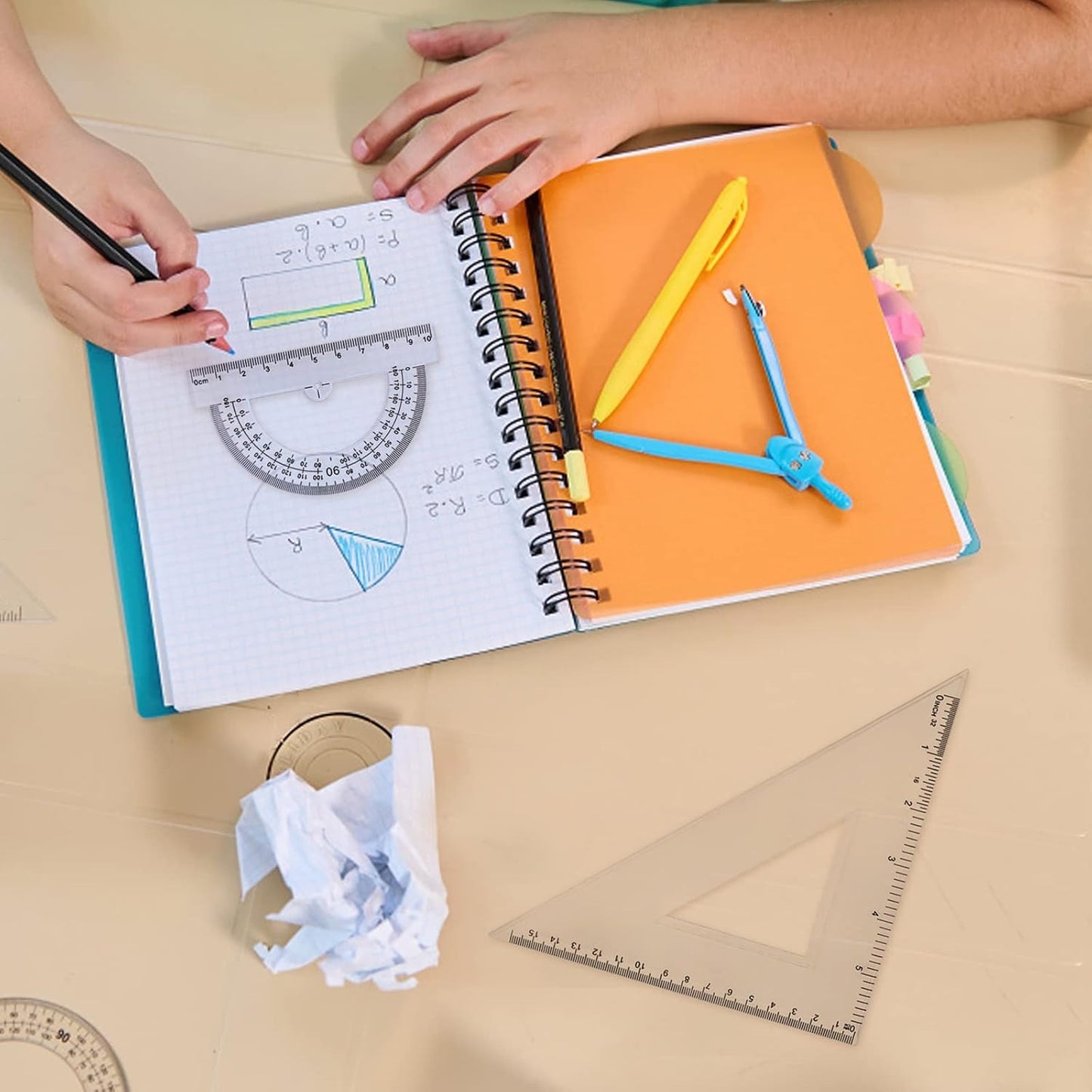 4pcs Math Geometry Tool Set, Including 1pcs Clear Plastic Straight Ruler, 1pcs Protractor and 2pcs Triangle Rulers Drawing Drafting Tool for School Office Home Supplies