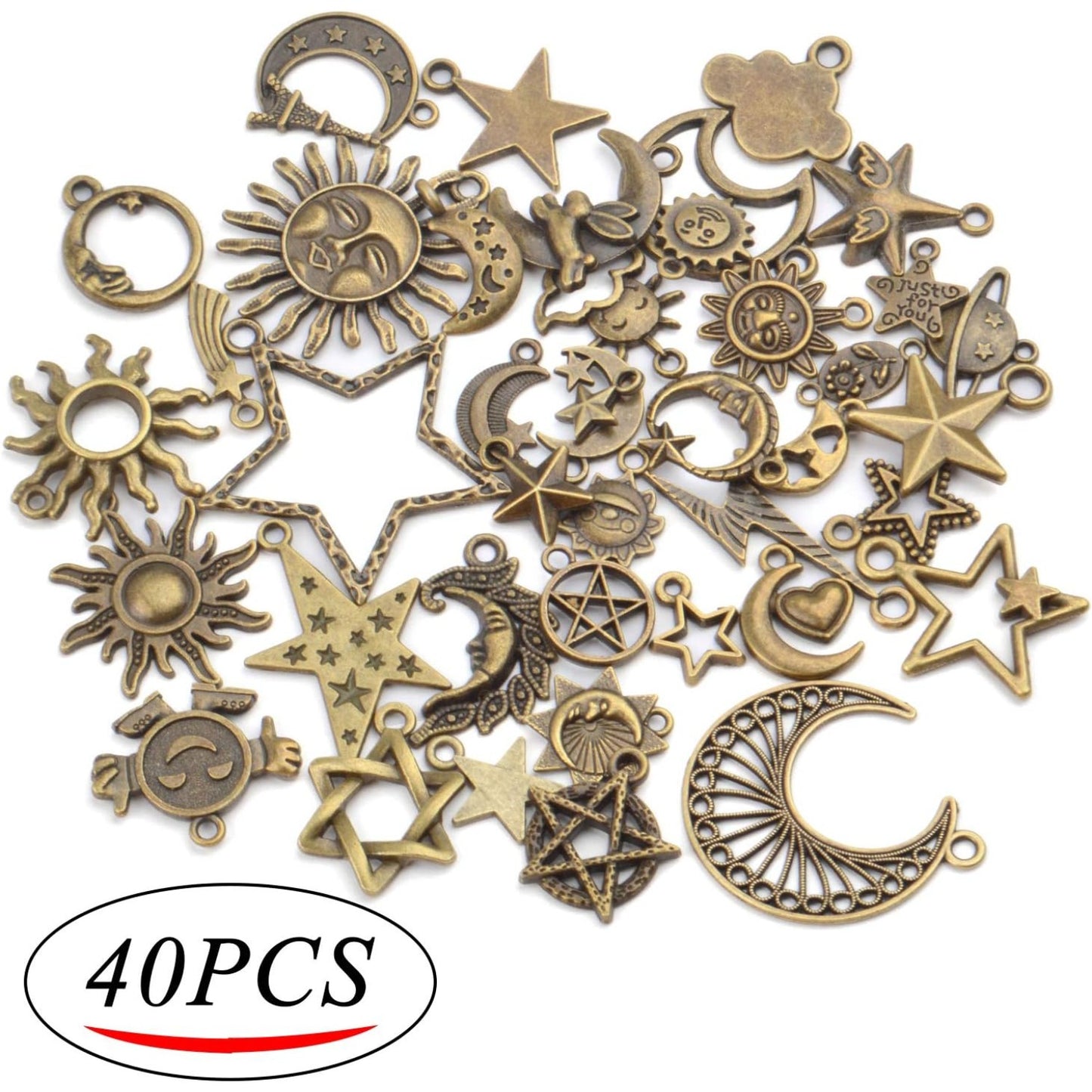 Celestial Charms,40pcs Craft Supplies Mixed Alloy Sun Moon Star Planet Pendants Accessories for DIY Necklace Bracelet Jewelry Making